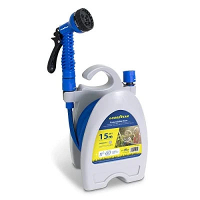 Imagen de Goodyear Manguera extensible 15m con Pistola de riego y Enrollador. Flexible para uso en jardín. Tejido entrelazado alta densidad. Anti torsión ligera. Conectores rápidos ½’’ ¾’’