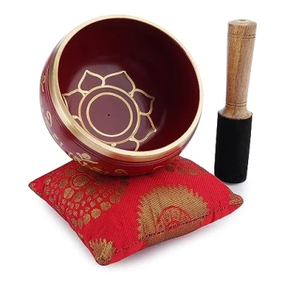 Imagen de Ajuny Cuenco budista tibetano para cantar, chakra floral, sonido de meditacion campana OM roja, 4 pulgadas diametro accesorios relajacion y meditacion, palo cojin incluidos