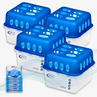 Imagen de Smart Planet Juego de 4 deshumidificadores con 8 recambios granulado 400 g larga duración, para habitaciones alta humedad, deshumidificador sin electricidad, KO 760000020 4ER
