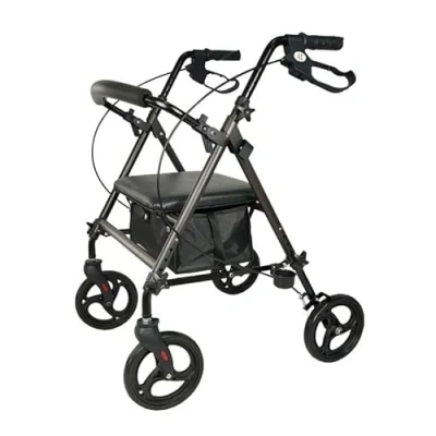 Imagen de andador para ancianos, minusválidos, mayores, de aluminio, ligero, cesta, frenos en los puños, plegable, con asiento y 4 ruedas.