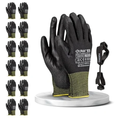 Imagen de FUZZIO 12 pares de guantes trabajo Jurav PU visitados (L 9, negro)