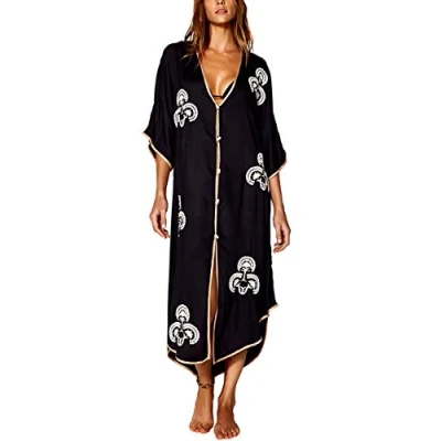 Imagen de YouKD Cárdigan Flojo Bordado Floral de algodón Verano Vestido Encubrimiento Bikini Playa Boho Traje Talla Grande para Mujer