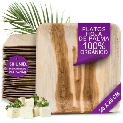 Imagen de Waipur Platos Hoja de Palma Orgánicos 50 Biodegradables Desechables Cuadrados 20x20 cm Vajilla Ecológica Lujo, Estable, Natural y Compostable Elegantes