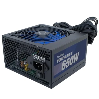 Imagen de CoolBox Powerline 3 650W Fuente de Alimentación PC 650W, 85% Eficiencia, ATX, Tecnología DC DC, Filtro emi, PFC Activo, Ventilador Silencioso 12cm. Color Negro