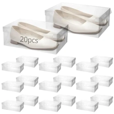 Imagen de QWORK® 20 Piezas Cajas de Zapatos, Almacenamiento plástico, Caja Zapatos Transparente Plegable, con Tapa, para Mujer