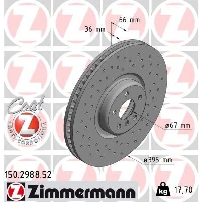 Imagen de ZIMMERMANN 150.2988.52 Disco de freno 395 36 6/5 5 112 ventilación interna, perforado revestido altamente carbonizado BMW: 7