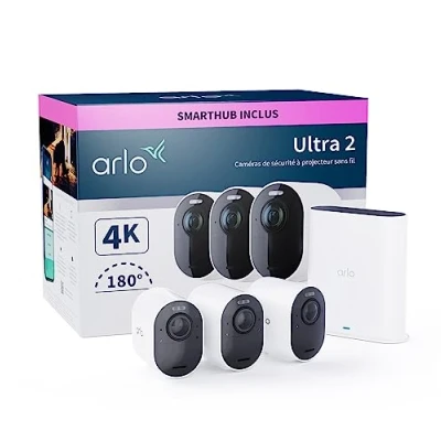 Imagen de Arlo Ultra 2 Camara de Vigilancia WiFi Exterior 4K, Interior, Sensor Movimiento, Alarmas Para Casa, Visión Nocturna Color, Prueba Secure Incluida , 3 Cámaras, Blancas