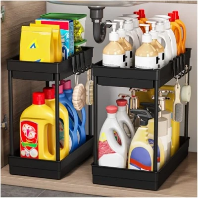 Imagen de TidyTrove Paquete de 2 Almacenamiento Debajo del Fregadero, y organización Cocina, Estante Cocina Niveles, Multiusos para baño,Negro