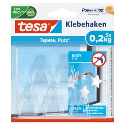 Imagen de tesa Gancho Adhesivo para Superficies Transparentes y Vidrio 0,2 kg, Ganchos Colgantes Invisibles, Soporta hasta kg por Gancho, Paquete con 5 Piezas, Incluye 8 Tiras Adhesivas