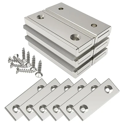 Imagen de Magnetpro 6 piezas Imanes rectangulares 20 KG Kraft 40 x 13,5 5 mm con contrapartes y orificio avellanado, imán en recipiente doméstico e industrial tornillos