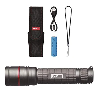 Imagen de EMOS Bolsillo de Metal Recargable con Foco, 600 LM, CREE LED, Linterna táctica Mano 230 m Alcance, Impermeable, 3 Modos luz, Cinta y Bolsa, Negro