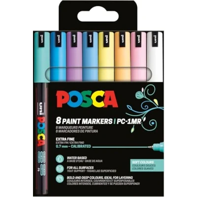 Imagen de Uni Ball 181752 POSCA Marker Set, 8 rotuladores acrílicos PC 1MR, rotulador permanente 0,7 mm punta redonda