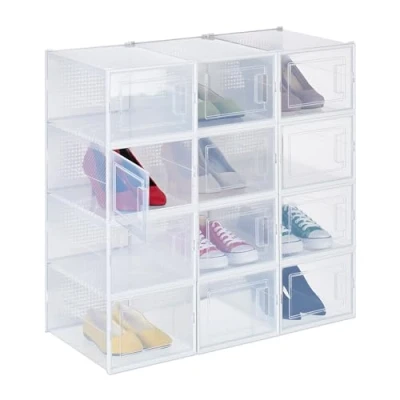 Imagen de Relaxdays Pack Set 12 Cajas Zapatos Medianas, Talle 47, Apilables, Calzado, Orificios Ventilacón, Plástico, Transparente, 19,5 x 25 35 cm
