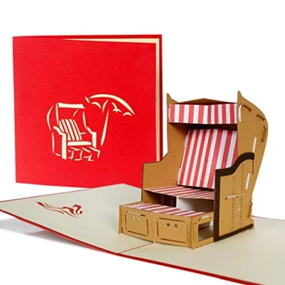 Imagen de Tarjeta felicitacion cumpleaños, cheque regalo para vacaciones en la playa. tarjetas de viaje al mar, 3d pop up con banco rojo y blanco regalar, B14