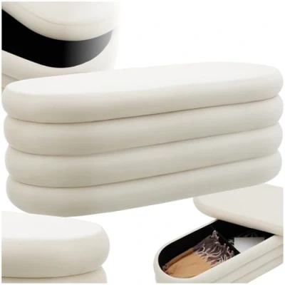 Imagen de TecTake® Banco con Almacenaje, 2 Grandes Compartimentos de Almacenamiento, Puff Salon, Decoracion Habitacion, Reposapies Entrada Recibidor Terciopelo Blanco/Crema