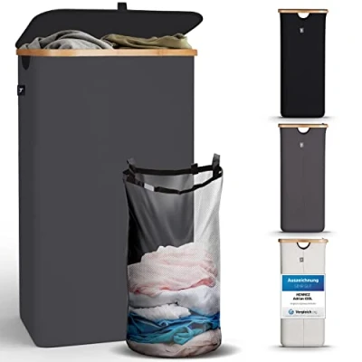 Imagen de HENNEZ Cesta Ropa Sucia con Tapa Plegable y Bolsas Extraíble 100 l Beige Canasto Estrecho Grande Bambú para la Colada