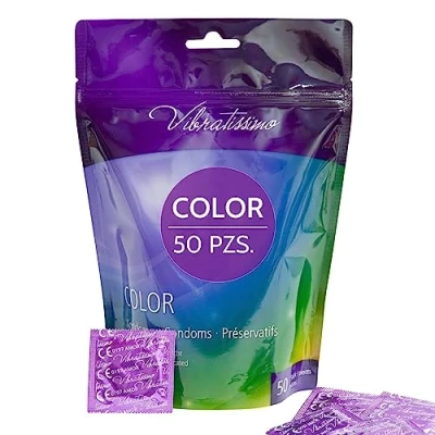 Imagen de VIBRATISSIMO condones Color paquete de 50 I sensitivos y extra húmedos preservativos colores anticoncepción hombres set multicolor rojo, negro, amarillo, verde dorado