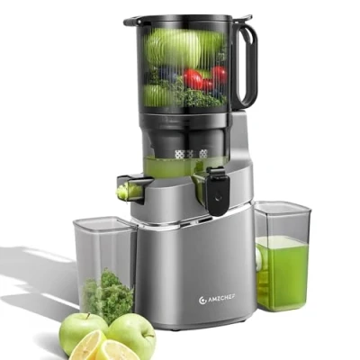 Imagen de AMZCHEF Extractor de Zumos y Verduras Automático, 135MM Apertura 1.8L Capacidad Licuadora para Frutas Entera, 250W Prensado en Frio Lento con Triple Filtro Gris