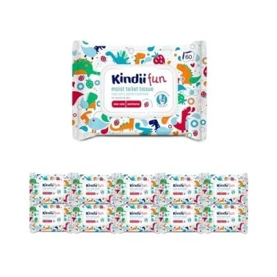 Imagen de Kindii Fun Papel Higiénico Enjuagable Humedecido para Niños Combinación de Húmedo y Toallita Húmeda Refresca la Zona Íntima Manzanilla, Aloe Vera 10x60 uds
