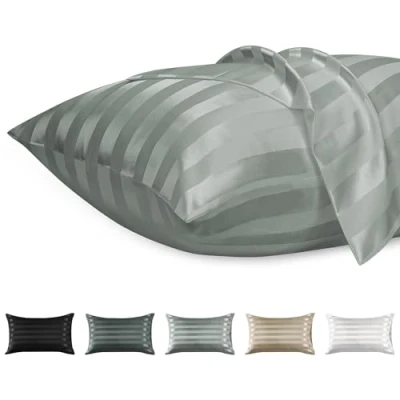 Imagen de Lirex 2 Paquetes Funda Almohada Satinado, Microfibra de Color Sólido Suave Sin Arrugas Resistente a la Decoloración Respirable (50 x 75 cm, Raya Gris Claro)