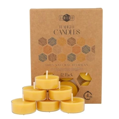 Imagen de Velas de Cera Abeja Natural 100% Té con Mecha Algodón 4 Horas Duración Pack 12 Unidades Pequeñas Pura y Plástico Reciclado Danilovo