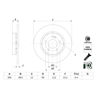 Imagen de BOSCH 0 986 479 H49 disco de freno 300 12 5 112 dos piezas, macizo revestido altamente carbonizado con tornillos