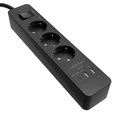 Imagen de KabelDirekt Regleta de enchufes 3x y Enchufe múltiple (USB, Power Delivery 3.0, Cargador rápido, protección contra sobretensión, Certificado por TÜV, Negro)