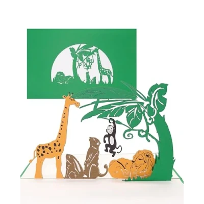 Imagen de tarjeta 3D Pop Up Animales en el zoológico de cumpleaños, invitación, vales cumpleaños infantil con león, jirafa y mono