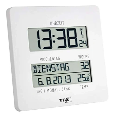 Imagen de TFA Dostmann Reloj de Pared controlado por Radio 153,5 cm, con indicador Temperatura y día la Semana, Color Blanco Pilas
