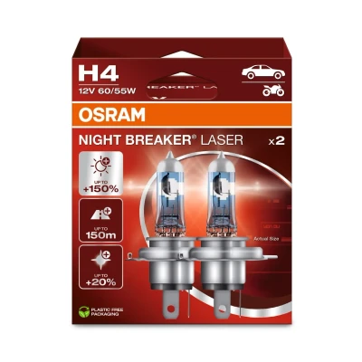 Imagen de OSRAM NIGHT BREAKER LASER H4, +150% más brillo, lámpara de faro halógena, 64193NL 2HB, 12V, caja plegable colgante (2 lámparas)