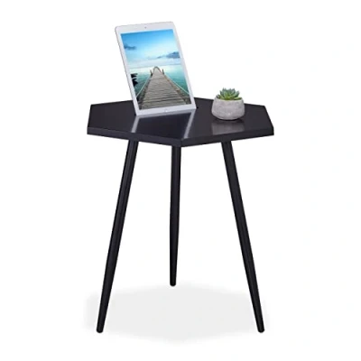 Imagen de Relaxdays Mesa Auxiliar con Soporte para Tablet, 50 x 43,5 cm, Mesilla Hexagonal, Salón, MDF y Acero, Negro