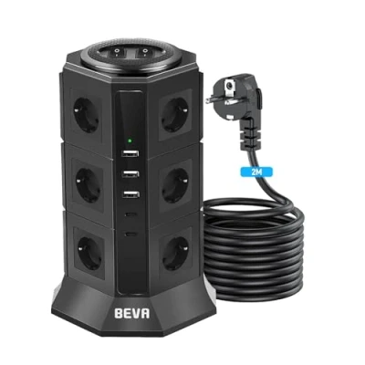 Imagen de BEVA Regleta Enchufes Vertical de 12 Tomas Corrientes y 5 Rápida USB Tomas, Ladron Enchufe Corriente con Protección contra Sobrecargas Interruptores, Cable 2M, 2500W/10A Black