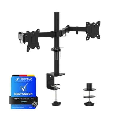Imagen de GRIFEMA GB2001 2 Soporte de Monitor Doble para Pantalla Computadora 13 32 Pulgadas, Altura Ajustable, VESA 75x75/100x100, Acero, Negro