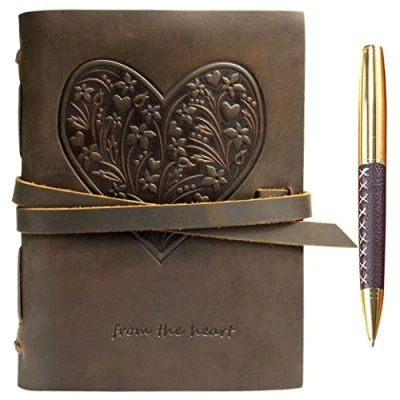 Imagen de Diario De Viaje A5 En Relieve Corazón Cuero Genuino Diario, Cuaderno Encuadernado Vintage Para Mujeres, Niñas Antiguo Rústico 20x15cm Hermoso Regalo Escribir + Bolígrafo
