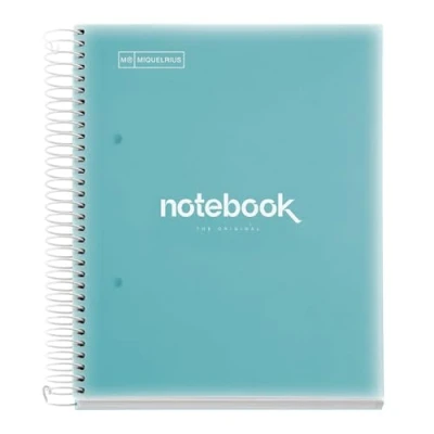 Imagen de Miquelrius Cuaderno A5 Notebook Emotions, 160 Hojas 90 g/m², Cuadrícula 5 x mm, 8 Franjas de Colores, Espiral Microperforado, Tapa Polipropileno, 2 Taladros, Color Azul Cielo