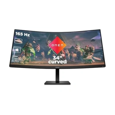 Imagen de HP OMEN 34c Monitor Gaming de 34&quot; WQHD (3440 x 1440 a 165 Hz, 21:9, 1ms HDMI Antirreflejo, AMD FreeSync Premium Compatible con Consolas, 1500R, Altavoces, Curvo, Altura e inclinación Ajustable) Negro