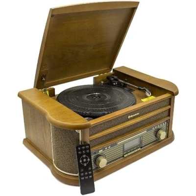 Imagen de Roadstar HIF 1993BT Tocadiscos de Vinilo Vintage 33/45/78 RPM, Radio FM, Reproductor CD/CDR/CDRW/CD MP3, Cassette, Bluetooth, USB Función Grabación, Mando a Distancia, Retro, Madera