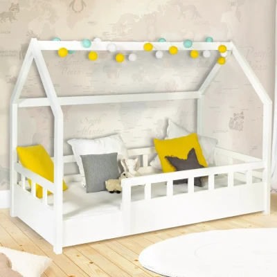Imagen de IDMarket Cama cabaña infantil 80 x 160 cm, color blanco con somier y barreras
