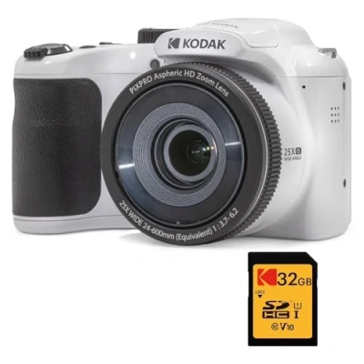 Imagen de KODAK Pixpro Astro Zoom AZ255 + Tarjeta de Memoria SD 32 GB Cámara Puente Digital 16 MP, 25X, Video HD 1080p, Gran Angular 24 mm, Pantalla LCD 3, Pila AA Blanco