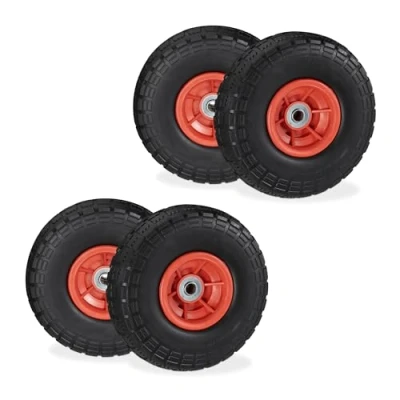 Imagen de Relaxdays 4 Ruedas de Carro, Antipinchazos, Macizas, 4.10/3.50 4&quot;, Llantas Plástico, 150 kg, 260x85mm, Negro y Rojo, Caucho
