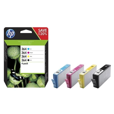 Imagen de Cartucho de tinta HP 364 Combo 4 Pack, Negro/Cian/Magenta/Amarillo, N9J73AE