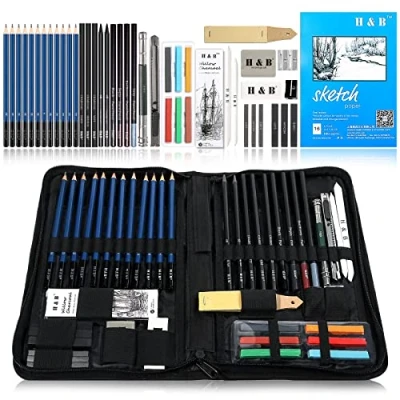 Imagen de H &amp; B 48 PCS Lápices de bocetos Set Kit dibujo artistas en caja cremallera con boceto, todos los accesorios diversos y arte para su pintura