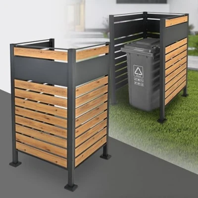 Imagen de ML Design Recinto de Acero para Ocultar Contenedores Basura 150 x 91 cm Con Macetero Verja Separadora Antracita Esconder Cubo Barrera Pantalla Privacidad Efecto Madera Valla Jardín Exterior