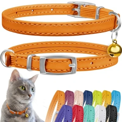 Imagen de CollarDirect Collar de Piel para Gato, Seguridad Gato con Correa elástica, Gatito Campana, Negro, Azul, Rojo, Naranja, (Cuello 9 a 11 Pulgadas, Naranja)