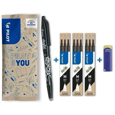 Imagen de Pilot Frixion Ball Bolígrafos roller de tinta borrable con termosensible, recargables, plástico reciclado. Negro (1 bolígrafo, 9 minas, 1 goma), punta mediana. Bolígrafo mágico