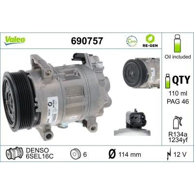 Imagen de VALEO 690757 compresor de Aire Acondicionado 5SE 12 PAG 46 R 134 a, 1234yf con aceite CITROËN: C4 II Hatchback, I Grand Picasso