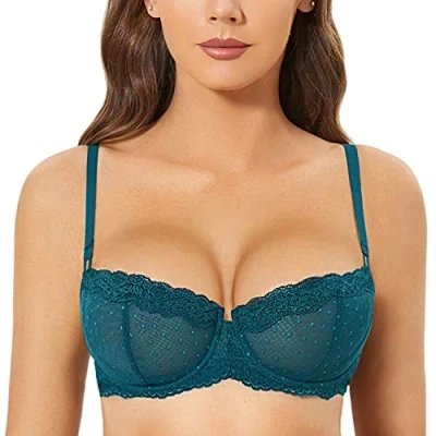Imagen de DOBREVA Sujetador Balconette Transparente con Aros y Encaje Sexy Sin Forro para Mujer Verde Abeto 105C