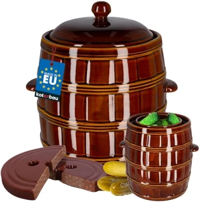 Imagen de KOTARBAU® Barril de gres con tapa y piedra presión, 16 L, Marrón, Jarrón barro, Recipiente cerámica asas, Olla cocina para fermentación, Tarro fermentar chucrut, kimchi, Bote