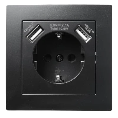 Imagen de Toma de contacto protección + 2x USB A 5V / 2.1A ESTILO pared empotrada 250V /16A con marco y enchufe en color negro mate