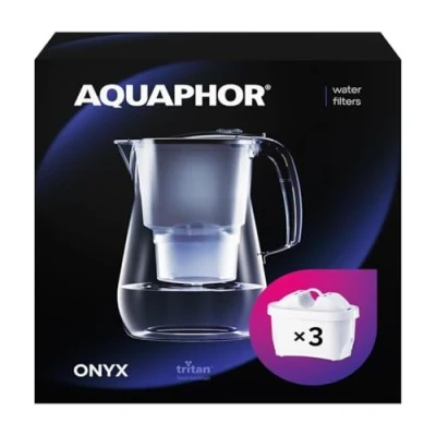Imagen de AQUAPHOR Jarra de Filtro Agua Onyx Negro Capacidad 4.2L, 3 filtros MAXFOR+ incluidos, reduce la cal, el cloro y los microplásticos, perfecta para familias, con efecto vidrio